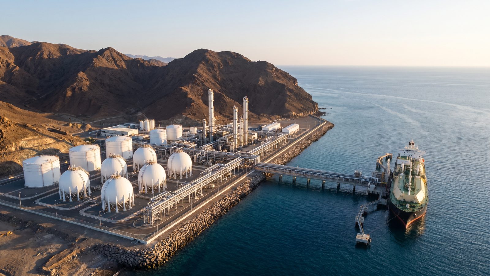 An ammonia terminal between desert mountains and the sea